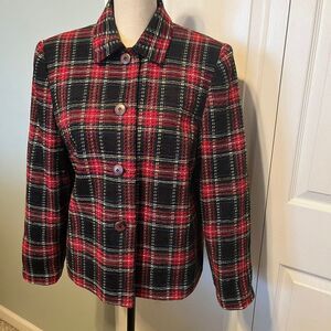 Sag Harbor Women size 10 vintage Black Red tartan plaid woven jacket blazer coat